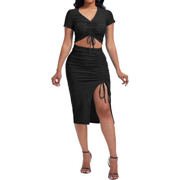 Women's Casual Crop Top and High Waist Slim Skirt Set Black Medium - Picture 4 of 6